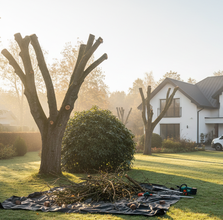 Przycięte drzewa w ogrodzie przy nowoczesnym domu z białym furgonem serwisowym w tle.